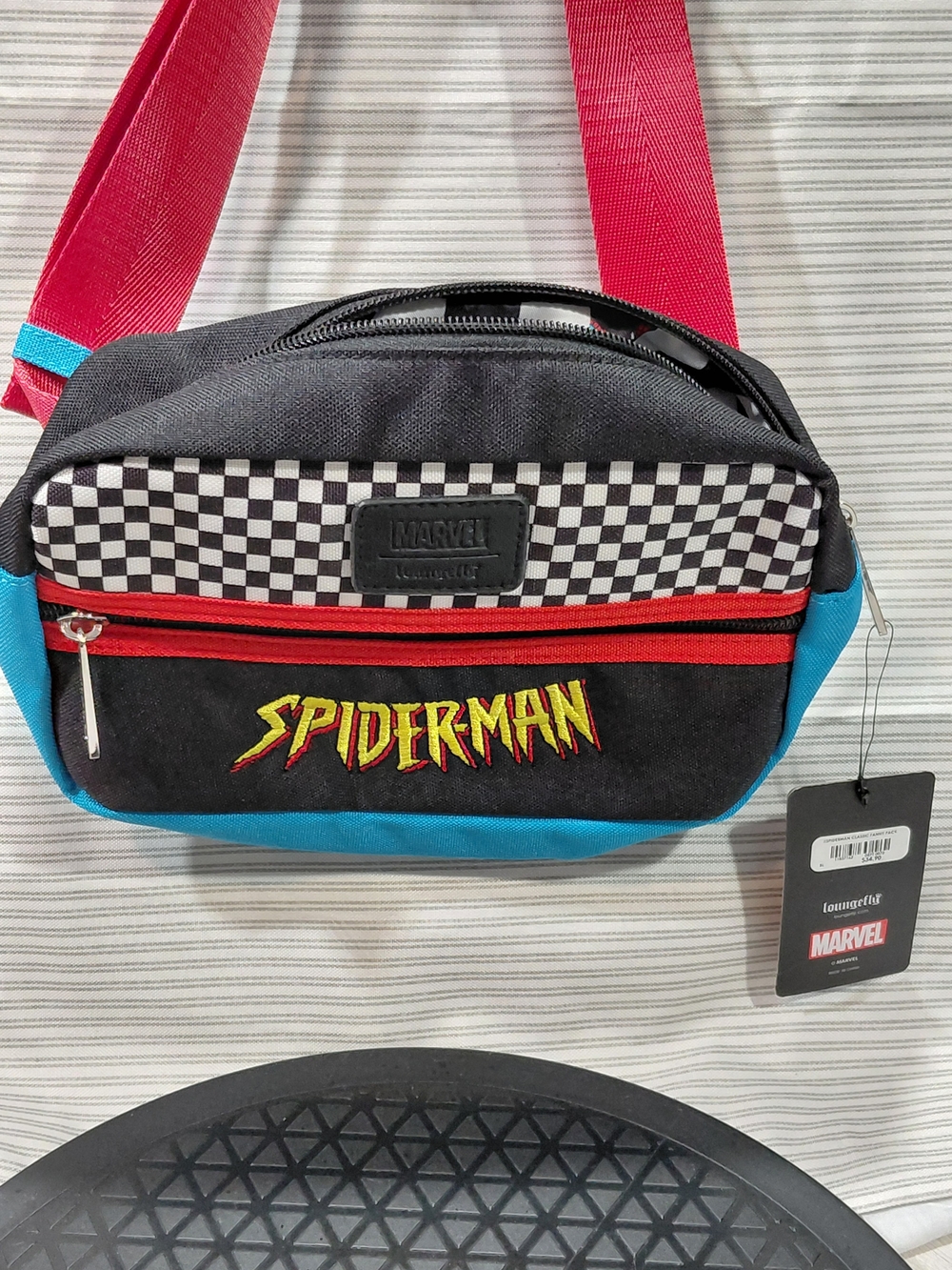 NWT LoungeFly Marvel Spider-Man Classic Fanny Pack Bag in Black/Red/Blue Checker